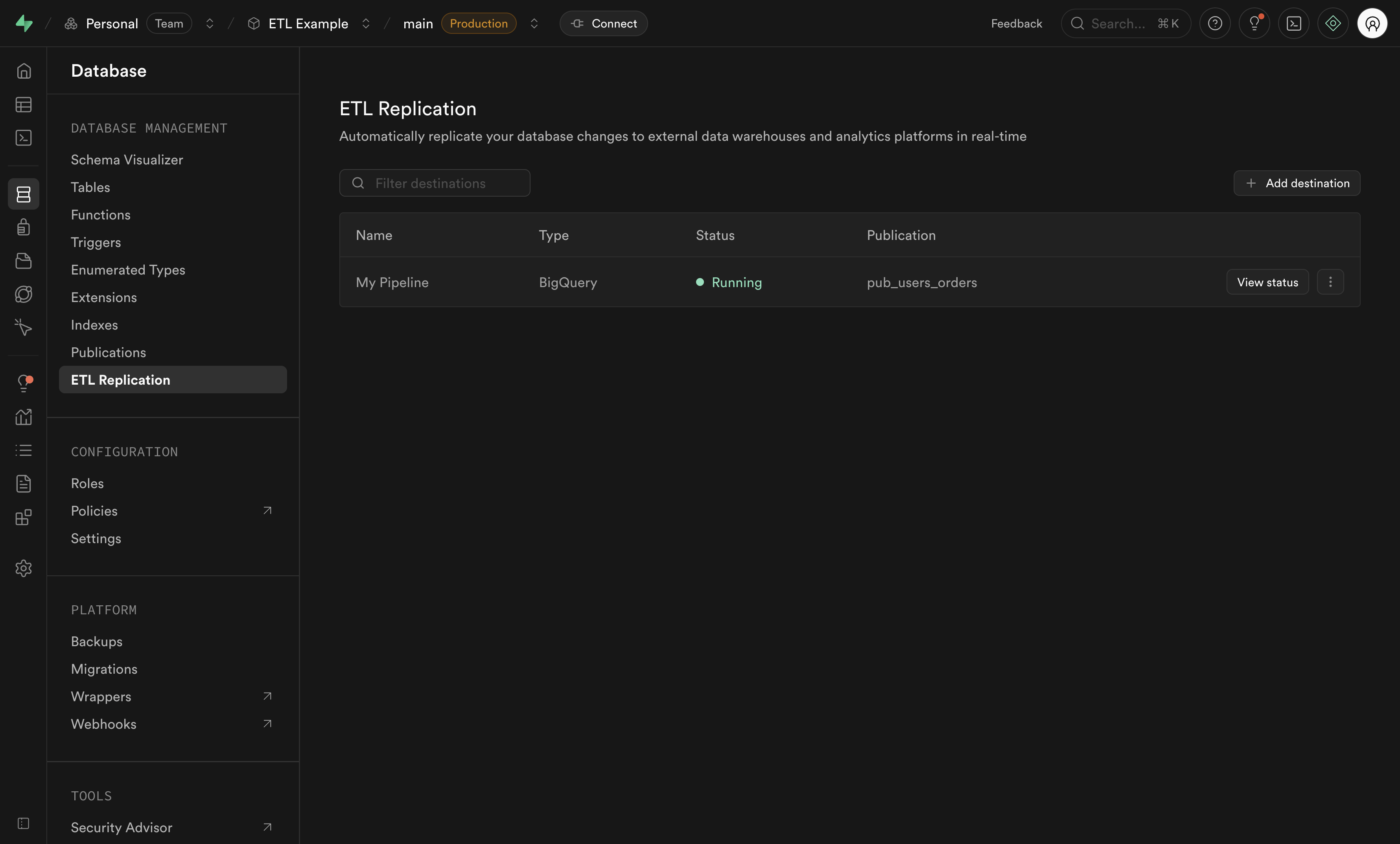 Replication pipelines destinations list